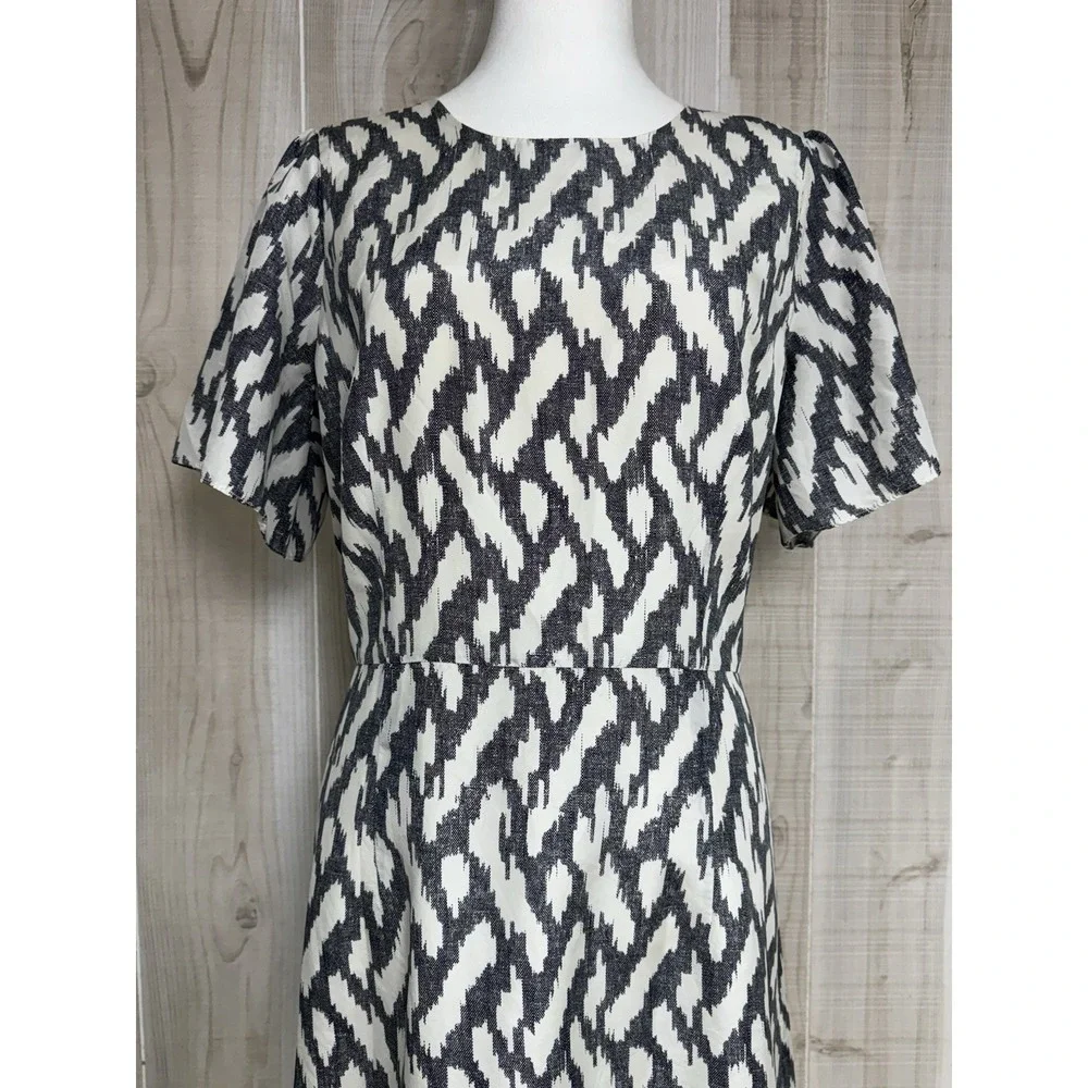J Crew Women's Black Ivory Silk Ikat Flutter Sleeve Career Dress 12T Classic